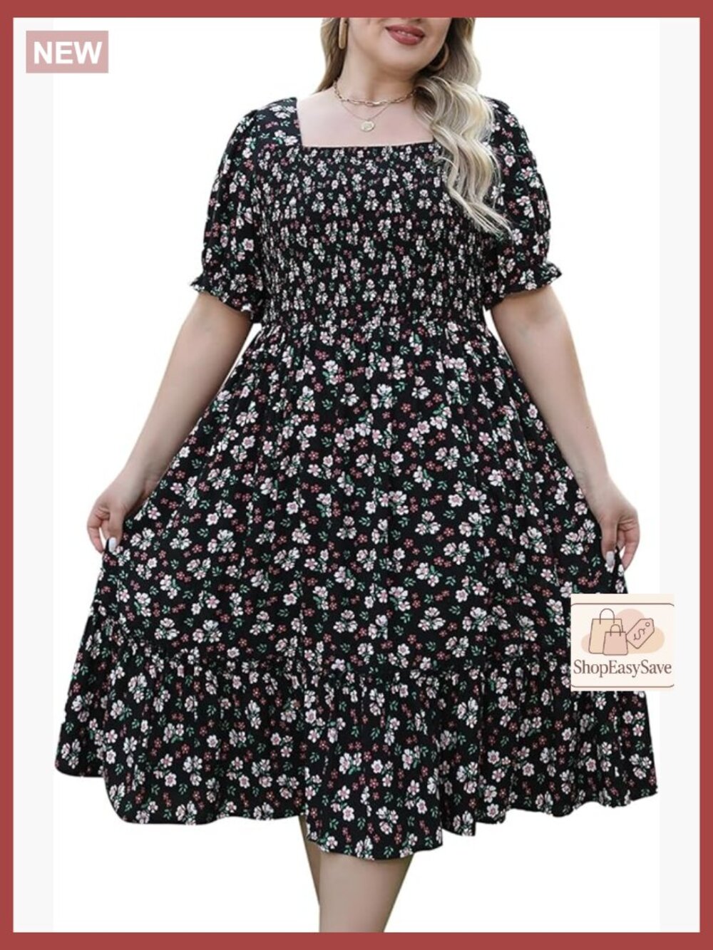 Boho Floral Print Midi Dress Puff Sleeves Smocked Bodice Side Pockets